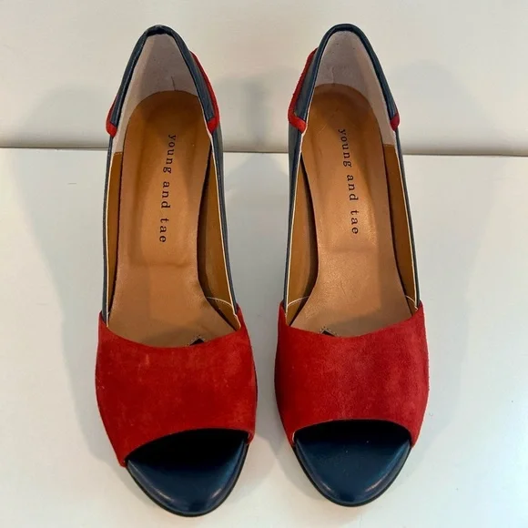 Young and Tae Blue & Red Peel Toe Heels - Picture 4 of 6